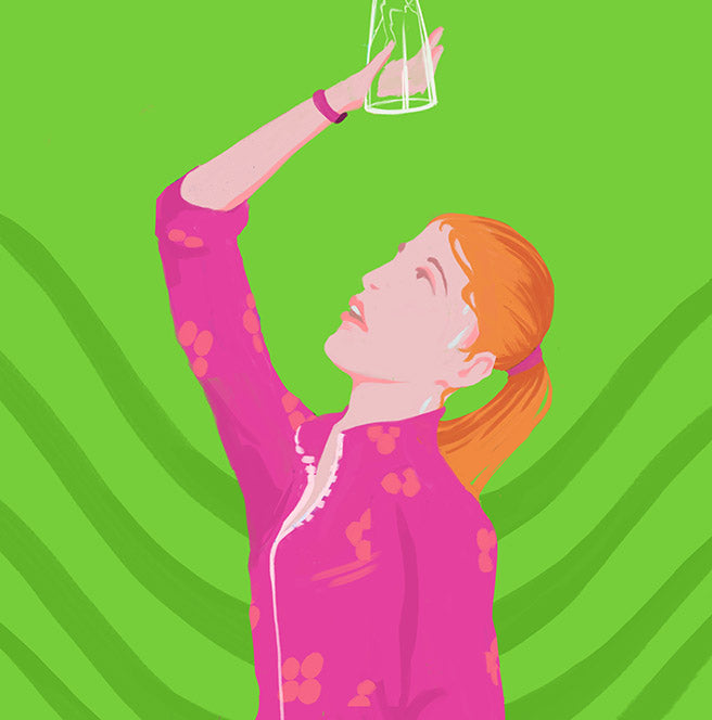 Illustration einer Frau, die hoch in eine leere Tasse schaut