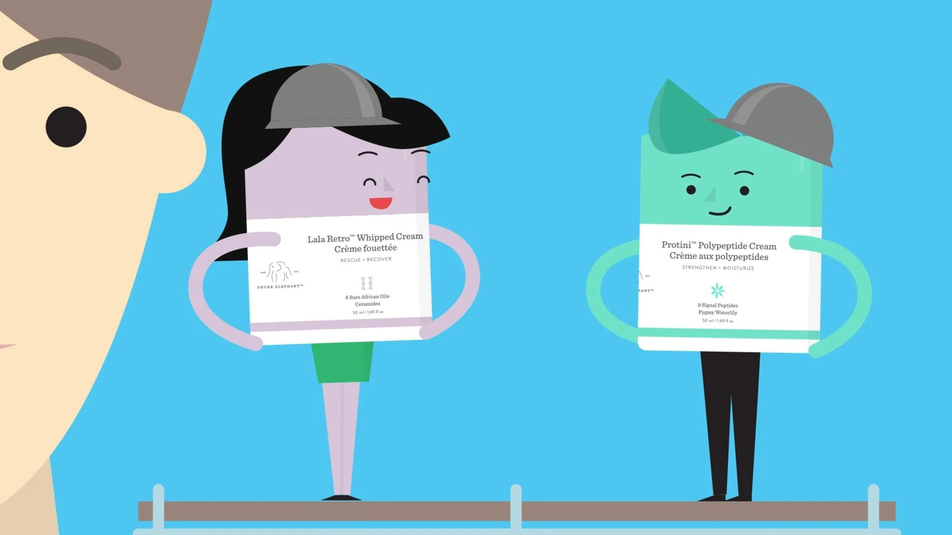 Video der animierten Moisturizer Lala und Protini, die darüber sprechen, wie gut sie zusammenarbeiten